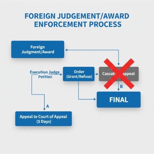 Flowchart showing the appeal process for UAE Execution Judge orders on foreign enforcement, ending at the Court of Appeal with no cassation available.
