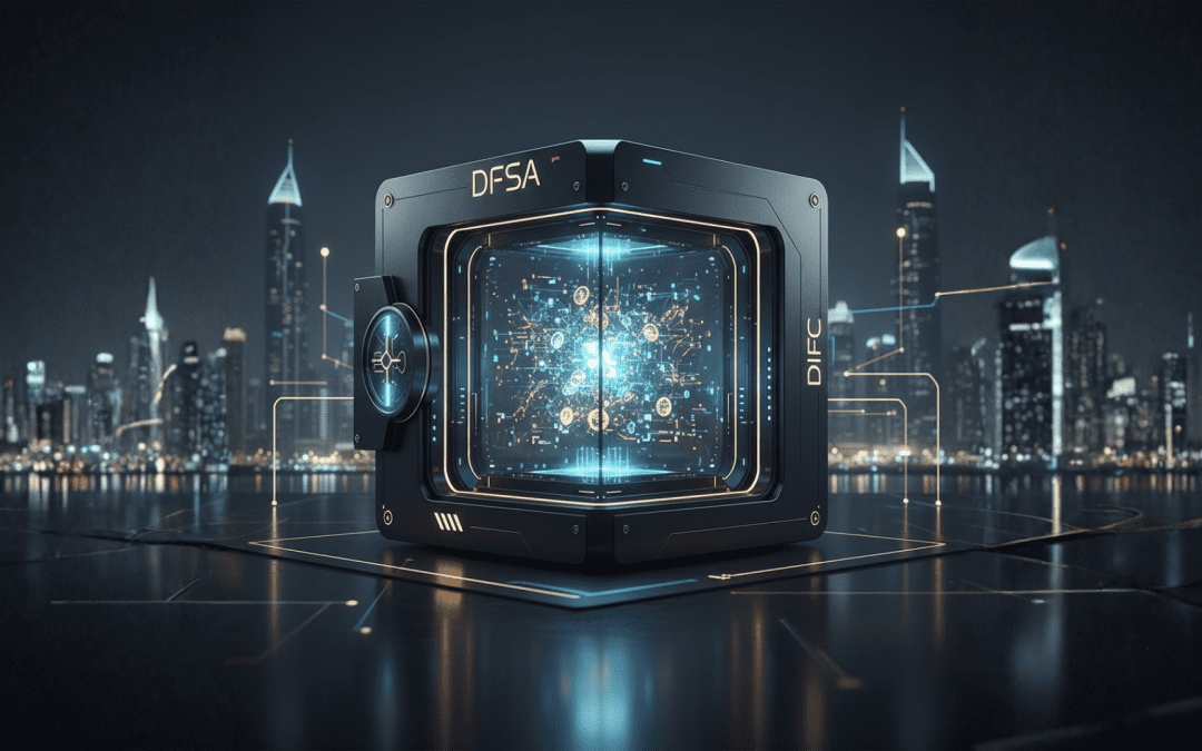 A futuristic digital vault with the DFSA and DIFC logos, symbolizing the 2026 crypto token reforms organizing digital assets in Dubai's financial center.