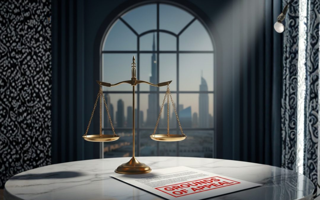 A symbolic thumbnail depicting the landmark Dubai Court of Cassation decision. A golden scale of justice rests on a marble table beside a legal document stamped "Grounds of Appeal," with the modern Dubai skyline blurred in the background through a courthouse window.