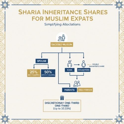 Infographic showing fixed inheritance shares under Sharia law for Muslim expatriates in the UAE, including spouse, children, and parent allocations.