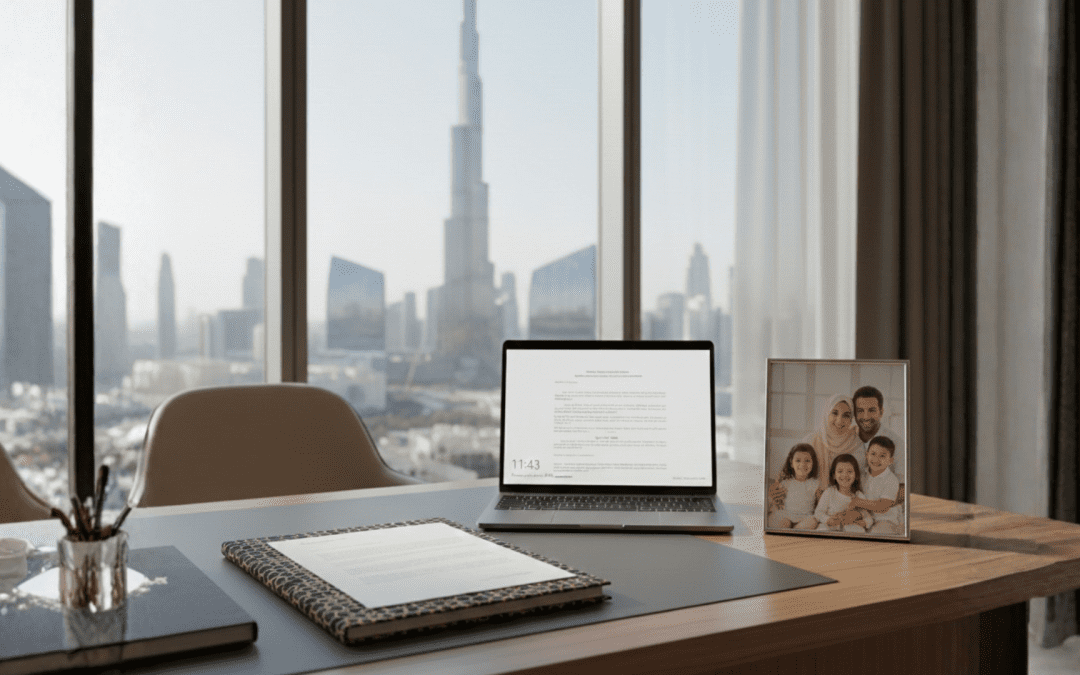 A professional desk in a Dubai office with a view of the Burj Khalifa, featuring an Islamic-style document folder and a family photo, representing succession planning for Muslim expatriates.