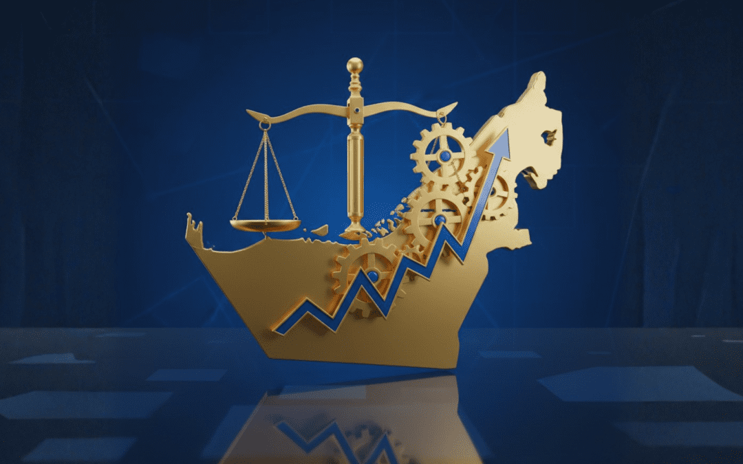 A conceptual 3D illustration in corporate sapphire blue and gold, featuring interconnected gears and the scales of justice integrated with a stylized map of the UAE and an ascending stock graph, symbolizing the new regulatory framework for UAE capital markets.