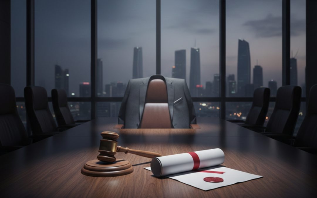 A wide-angle photograph of an empty, luxurious corporate boardroom in Abu Dhabi. A single chair at the head of the polished table is slightly pulled out with a suit jacket draped over it. Resting on the table in front of the chair is a heavy wooden legal gavel and a rolled document bearing the Abu Dhabi Court of Cassation seal and Case No. 1297/2025. A single spotlight illuminates the gavel while the room remains dim. Symbolizes the court's authority to determine legal standing in disputes involving single-shareholder company general assembly resolutions.