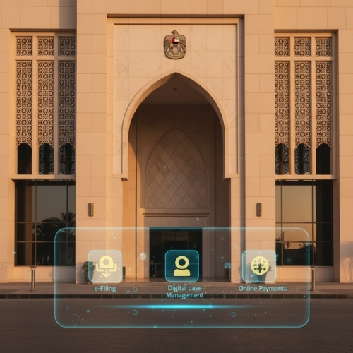 Modern government building in Ajman with Islamic architectural design and a translucent digital overlay showing e-filing and case management icons. Represents the procedural modernization and digital filing capabilities of the new Ajman Rental Disputes Center.