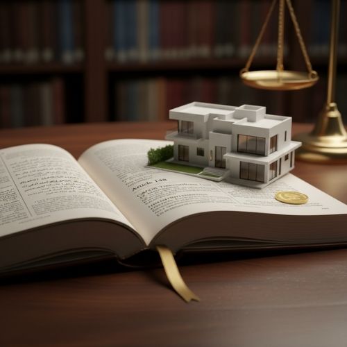 Open UAE Civil Transactions Law book showing Article 148 in Arabic and English, with a gold ribbon bookmark, a small luxury villa model, and a gold coin resting on the page. Represents the legal foundation for earnest money in real estate contracts.