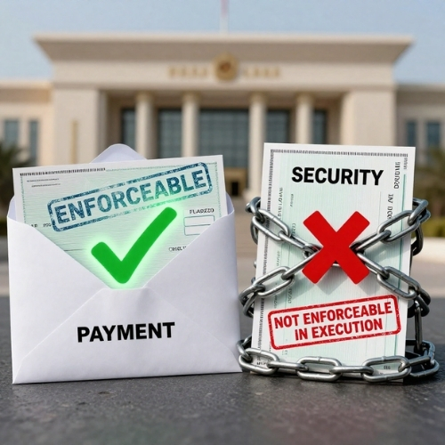 Split-concept image showing a cheque in a PAYMENT envelope with green ENFORCEABLE stamp on the left, and a cheque wrapped in chains labeled SECURITY with red NOT ENFORCEABLE stamp on the right. Blurred Fujairah courthouse background. Represents the Fujairah Federal Court's 2026 landmark ruling distinguishing cheques as security vs instruments of payment.