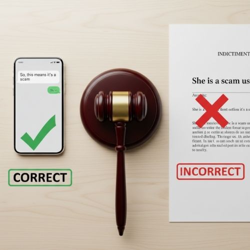Split-screen legal concept image showing correct WhatsApp message "So this means it's a scam" on the left with a green checkmark, and incorrect indictment translation "She is a scam us" on the right with a red X, symbolizing translation errors in UAE criminal defamation cases.