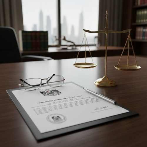 Official court document showing Commercial Appeal No. 27 of 2026 from the Dubai Court of Cassation regarding kiosk jurisdiction, placed on a lawyer's desk with scales of justice and law books.