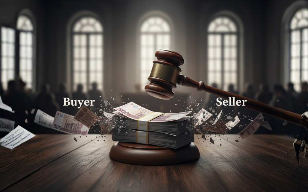 A dynamic high-contrast photograph on a wooden judge's bench. A heavy wooden legal gavel is captured mid-strike, hitting a stack of UAE Dirham banknotes perfectly in the center. Half of the notes fly to the left side subtly labeled "Buyer" and half to the right side labeled "Seller." Blurred courthouse interior in the background. Symbolizes the Dubai Court of Cassation determining the fate of earnest money in real estate sale contract disputes.