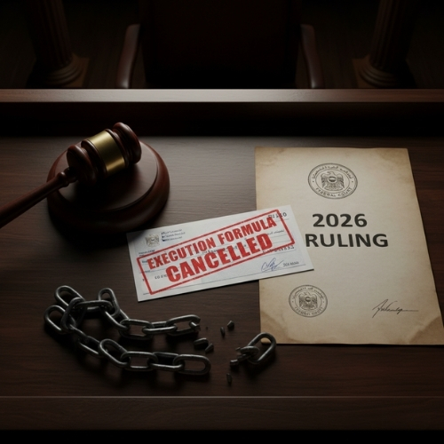 Flat lay photograph showing a cancelled cheque with red "EXECUTION FORMULA CANCELLED" stamp, alongside Fujairah Federal Court documents, a wooden gavel, and broken chains. Represents the court's ruling invalidating execution measures against a cheque issued as security in the landmark 2026 case.