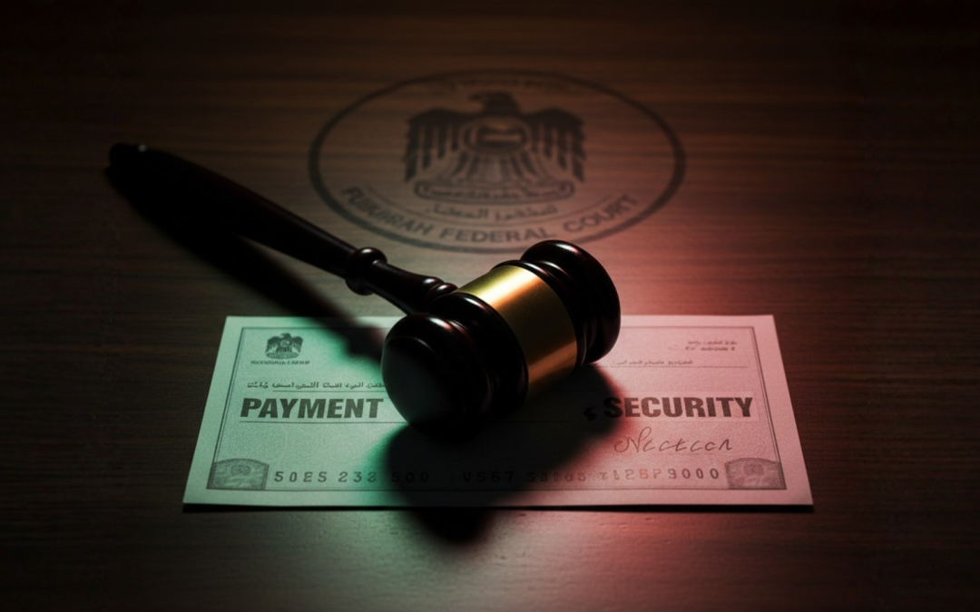 A dramatic split-concept image for a legal blog thumbnail. On the left side, a pristine cheque is elegantly placed inside a "PAYMENT" envelope with a green checkmark and a glowing "ENFORCEABLE" stamp. On the right side, an identical cheque is wrapped in heavy chains labeled "SECURITY" with a red "X" and a "NOT ENFORCEABLE IN EXECUTION" stamp. The background is a blurred Fujairah courthouse. Symbolizes the Fujairah Federal Court's landmark 2026 ruling distinguishing between a cheque issued as an instrument of payment versus a cheque issued as security.