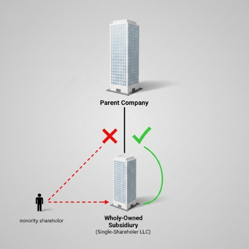 Professional 3D diagram showing a large parent company building connected to a smaller wholly-owned subsidiary building below. A red X marks a minority shareholder's direct challenge to the subsidiary, while a green checkmark shows the correct path through the parent company. Illustrates Abu Dhabi Court of Cassation Case 1297/2025 on legal standing in single-shareholder company disputes.
