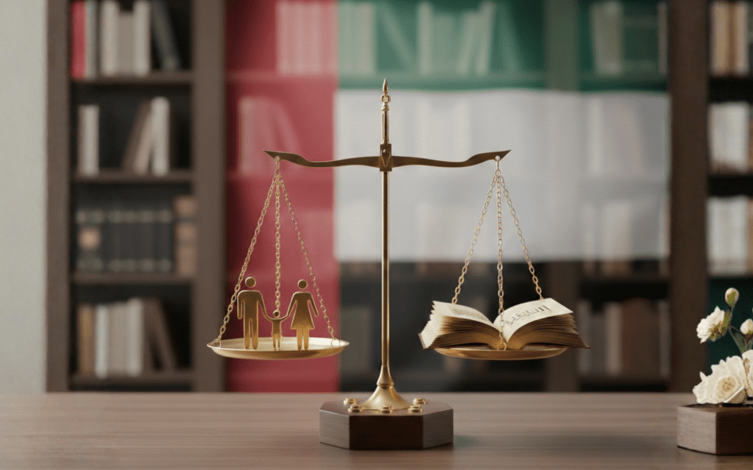 A professional legal image shows golden scales of justice in front of a blurred modern law library. One scale holds a stylized family icon, the other an open law book, symbolizing the balance between family law and legal statutes. The UAE flag colors are subtly visible in the background.