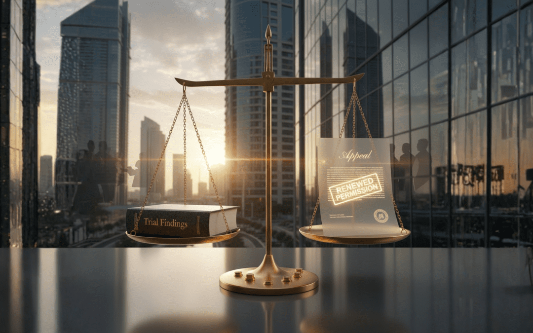 A pair of modern gold scales of justice set against the DIFC skyline, weighing a solid book labeled "Trial Findings" against a glowing "Renewed Permission to Appeal" document, symbolizing the balance between finality and appellate review.