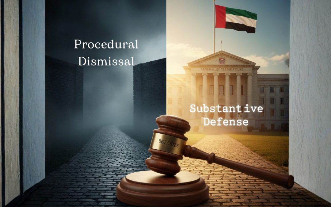 A dramatic split-image concept representing a UAE Federal Supreme Court labour ruling. On the left, a dark foggy path labeled "Procedural Dismissal" leads to a dead end. On the right, a bright clear path labeled "Substantive Defence" leads to a courthouse with the Federal Supreme Court flag. A judge's gavel in the center points decisively to the right path, with the case number "867/2025" engraved on the gavel. Symbolizes the Court's clarification that courts must address substantive defences in labour disputes.