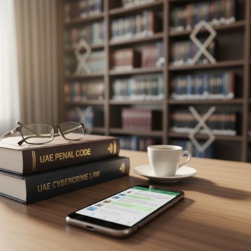 Smartphone displaying a WhatsApp group conversation about service quality, placed on a lawyer's desk next to UAE Penal Code and Cybercrime Law books, representing digital evidence in criminal defamation proceedings.
