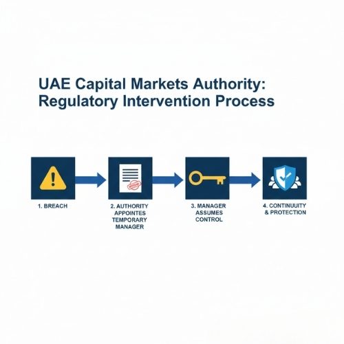 Flowchart showing the UAE Capital Markets Authority's process for appointing a temporary manager to a non-compliant entity to ensure client protection.