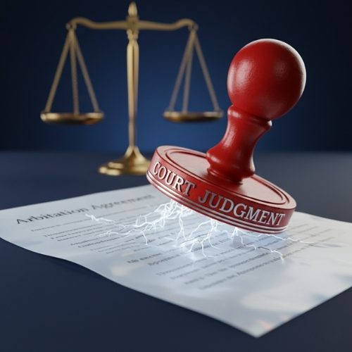 A final court judgment stamp overriding and nullifying an arbitration agreement, symbolizing the Dubai Court of Appeal's ruling on res judicata.