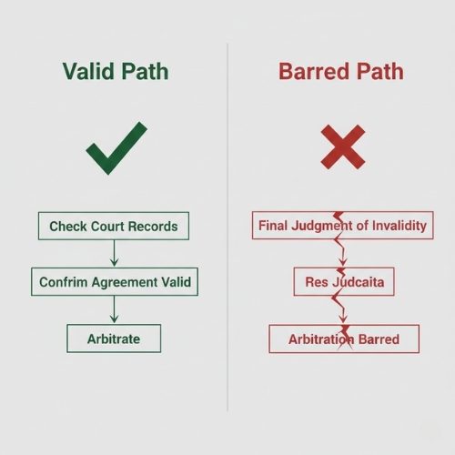 A flowchart illustrating an arbitrator's duty to check for a final court judgment on validity before assuming jurisdiction, based on the Dubai Court of Appeal's decision.