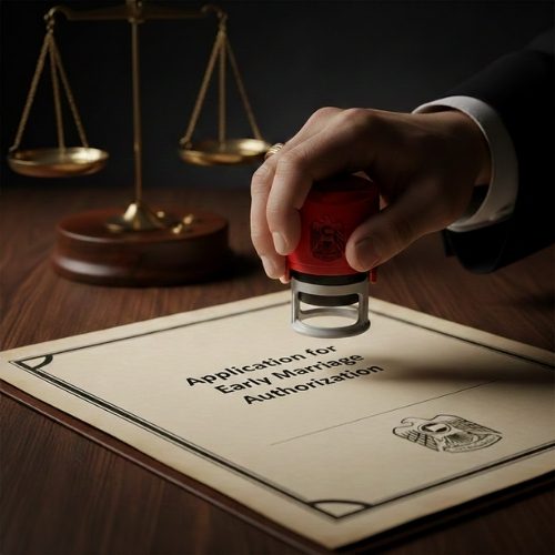 A judge's hand stamps approval on an early marriage application document, symbolizing the mandatory court authorization required under UAE Cabinet Resolution No. (212) of 2025.