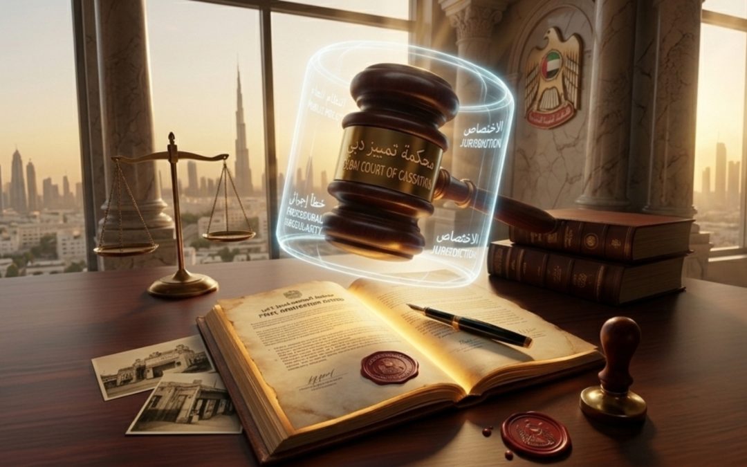 A stunning conceptual 3D render depicting a prestigious leather-bound arbitration award document lying open on a judge's bench, its pages glowing with golden light and bearing an official "ARBITRATION AWARD" seal in red wax. Suspended directly above it, a massive powerful gavel engraved with "DUBAI COURT OF CASSATION" in elegant Arabic and English calligraphy is captured mid-swing, about to strike the award. However, the gavel is surrounded by a translucent glowing cage or barrier etched with the words "PUBLIC POLICY," "PROCEDURAL IRREGULARITY," and "JURISDICTION" — the only limited grounds through which the gavel can actually strike. The barrier filters the gavel's power, symbolizing the narrow scope for annulment of arbitration awards under UAE law. The background features a majestic courtroom with marble columns and the Dubai emblem. Cinematic lighting with dramatic shadows and god rays, hyper-realistic render, 8K resolution.