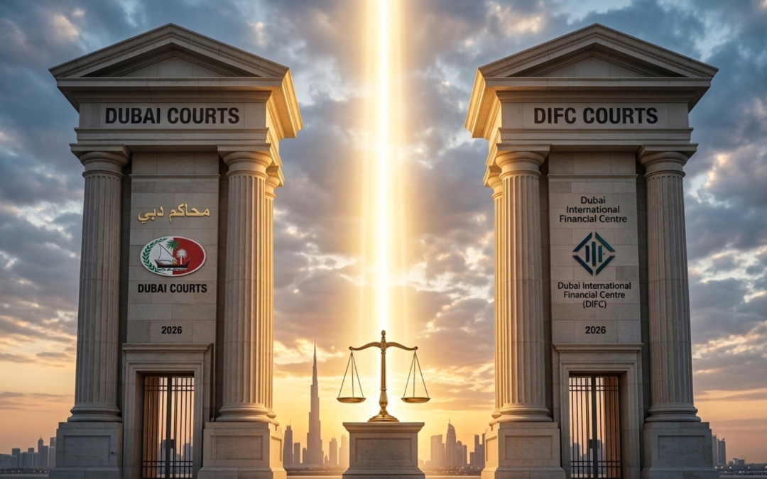 A majestic, symmetrical photograph of two identical grand courthouse pillars standing side by side. One pillar is labeled "DUBAI COURTS" with Arabic calligraphy and the Dubai emblem. The other pillar is labeled "DIFC COURTS" with English text and the DIFC emblem. A brilliant beam of golden light shines down from above, connecting the two pillars and illuminating a scale of justice placed perfectly between them at the base. The background is a dramatic, cloud-filled sky at sunrise. Symbolizes the landmark 2026 decision harmonizing the jurisdictional relationship between Dubai Courts and DIFC Courts.