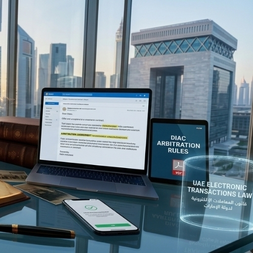 Modern flat lay photograph on a glass desk showing a laptop with email thread containing arbitration agreement, a tablet with DIAC rules, printed email chains, smartphone, and brass scale of justice. Dubai skyline visible through window. Represents the Dubai Court of Cassation's ruling that arbitration agreements may be validly formed through electronic correspondence under UAE law.