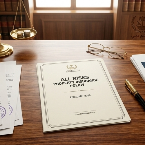 Flat lay photograph of an All Risks property insurance policy, multiple reinsurance agreements with DIFC registered entity stamps, and a loss adjustment report showing AED 555 million settlement. Brass scale of justice, reading glasses, and gold pen nearby. Represents the complex insurance and reinsurance dispute underlying the jurisdictional conflict between Dubai Courts and DIFC Courts in Application 06/2025.